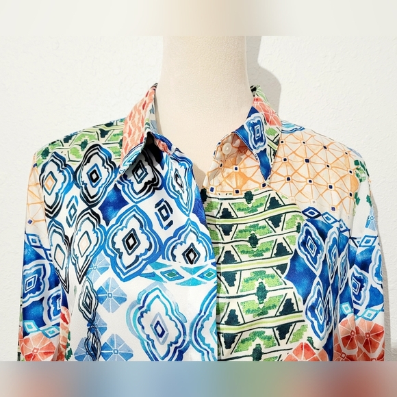 Chico’s Size 3-16/18 Button-Front Blouse Multicolor Geometric Print Long Sleeve - Picture 2 of 10